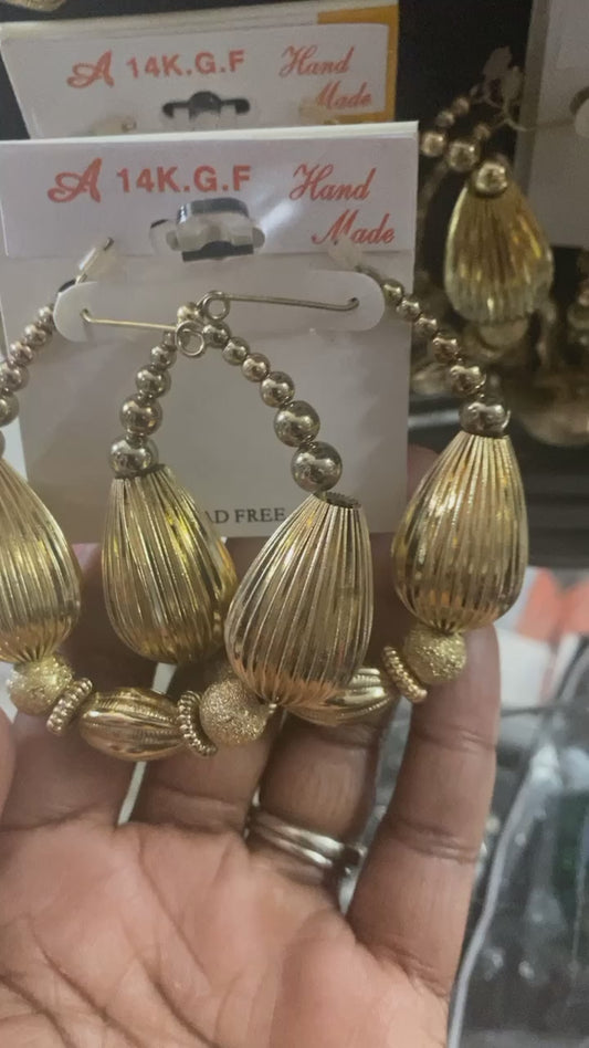 Gold Filled Beaded Hoop Earrings Large Hand Made